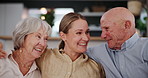 Happy, hug and woman with senior parents relaxing on sofa in living room of family house. Smile, love and female person bonding, embracing and talking to elderly mother and father in lounge at home. 