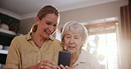 Cellphone, conversation and woman with senior mom helping on social media, app or internet. Discussion, technology and female person talking, bonding and explaining phone to elderly mother at home.