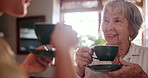 Elderly woman, tea cup or friend for retirement, talk and bonding together on sunny morning in home. Female senior citizen, smile and coffee for conversation, relax and empathy as trust and support