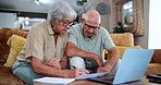 Senior, couple and writing on documents for finance, investment contract and life insurance on sofa of home. Elderly, man and woman with laptop and paperwork for mortgage application and pension fund