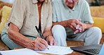 Senior people, pen and writing with documents for life insurance, loan application or financial budget. Retirement, pension and teamwork with paper for mortgage bills, will information or planning