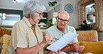 Senior, couple and insurance with discussion, home and budget for retirement. Man, woman and. documents for savings, finance and investment or banking for financial future and planning for report