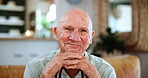 Senior, man and cane with smile, rest and home for break in lounge or living room. Mature person, support and disability with face, balance and insurance for arthritis and osteoporosis rehabilitation