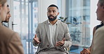 Talking, support circle and businessman in counselling for mental health, problem solving and discussion. Leadership, meeting and team with group, people and communication, therapy and psychology