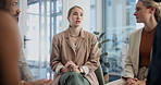Business woman, meeting and discussion with team or group for communication or social support at office. Female person or employee talking to people for collaboration or presentation at the workplace