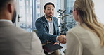 Business people, handshake or man in job interview, hiring opportunity or employment in office. Asian person, smile or managers shaking hands with new employee or collaboration on deal or partnership