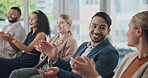 Business people, seminar and applause in workshop for success, presentation or meeting in boardroom. Employees, happiness and celebration at conference for teamwork, company targets and achievement