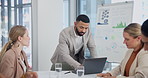 Meeting, presentation and business people with laptop and chart, graph and finance statistics in office. Teamwork, corporate and men and women in discussion for research, planning and project review