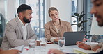Business people, teamwork and meeting on laptop for data analytics, statistics and online planning for project. Professional analyst or man and woman with computer for collaboration, ideas or advice