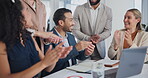 Laptop, celebration and smile from colleagues in office, video call and collaboration in corporate. Employees, men and women excited with success, clapping and happy for teamwork in business meeting