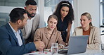 Laptop, discussion and collaboration of employees in office, communication and brainstorming. Colleagues, men and women together in workplace, talking and planning for business deal with internet