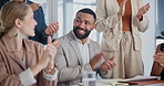 Success, group or business people clapping in meeting or presentation for winning, team support or motivation. Smile, celebration or applause of proud employees for target goals or office achievement