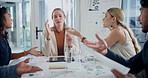 Meeting, conflict or business woman with office team for paper, argument or audit mistake. Corporate, stress or manager overwhelmed by anxiety, fight or frustrated financial group with budget review