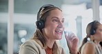 Business, communication and woman in call center for customer support, service and e commerce FAQ. Happy worker, agent or consultant in headphones for virtual chat, helping and contact us in office