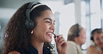 Woman, consultant and communication in call center for customer support, service and e commerce FAQ. Happy business agent or advisor in headphones for virtual chat, helping and contact us in office