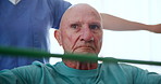 Senior man, physiotherapy and stretching band for health, wellness or rehabilitation in home. Resistance, elderly person and help for recovery, training or physical therapy to exercise muscle closeup