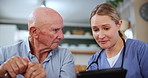 Results, tablet or caregiver talking to old man on sofa in nursing home for consulting for medical help. Elderly person, news or nurse speaking to senior patient with assessment exam for diagnosis