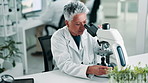 Scientist, microscope and woman in laboratory for botany research and development for medical innovation. Biotechnology, expert and chemistry with plants for medicine and test for biochemical process