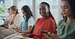 Black woman, book and writing with row for hiring, job or career opportunity in waiting room at office. Portrait of African female person, intern or employee with smile or taking notes at seminar