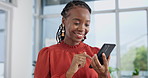 Smartphone, business and happy black woman typing or reading funny email on social media app in office. Phone, professional and laughing at comedy on internet, meme or financial analyst scroll online
