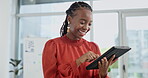 Black woman, office and laugh with tablet for social media or post for information, entertainment and trends for public relations. Female person, work and happy on break with internet for funny video