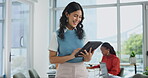 Woman, office and laugh with tablet for social media or post for information, entertainment and trends as public relations on break. Female person, work and happy on internet with funny video