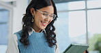 Woman, work and laugh with tablet for video on social media, entertainment and trends for public relations on break. Closeup, female person and smile with glasses on internet for streaming service