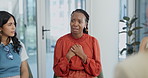 Black woman, discussion and meeting with support group for confession, emotion or expression at the office. Frustrated African female person or employee talking to people or community at workplace