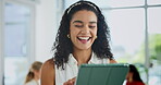 Woman, office and laugh with typing on tablet for social media post for information, entertainment and trends on break. Female person, closeup and happy on internet to comment on online funny video
 