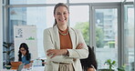 Confident, happy and businesswoman in office, workspace and boardroom with coworkers for business career. Female person, leader and banker professional for corporate job, work and pride in staff