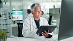 Scientist, technology or mature woman in laboratory for online research or development for botany innovation. Biotechnology, tablet or pc for future integration or plants in sustainability solutions