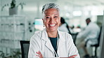 Science, laboratory and face of senior woman on computer for research, website and internet. Pharmaceutical, healthcare and portrait of doctor for medical innovation, data analysis and online report