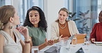 Business women, teamwork and meeting with computer for social media planning, feedback and job workflow. Professional people, employees or public relations leader talking of solution or project ideas