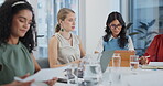 Business, woman and collaboration with paperwork in meeting for data analytics review or financial feedback. Teamwork, employees and communication for infographic strategy with documents or diversity