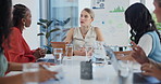 Meeting, computer and business women in office in discussion for planning, brainstorming or ideas. Conversation, documents and professional female designers in collaboration on project in workplace.