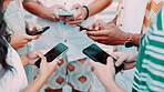 People, hands and cellphone texting in circle for online communication or networking huddle, internet or conversation. Friends, smartphone and social media or connection sync, wireless or together