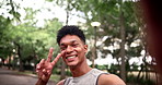 Selfie, peace sign and man with fitness, smile and fresh air with sports influencer and exercise for wellness. Happy, face and athlete with nature and workout with training and memory with health