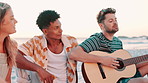 Friends, outdoor on beach and guitar with singing, people with fun at reunion and celebration in nature. Summer holiday, social gathering or hangout, friendship and party with instrument and music