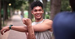 Nature, health and man stretching arms for exercise in outdoor park, field or garden. Sports, fitness and young male athlete from Mexico with muscle warm up workout for training with personal trainer