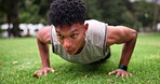 Fitness, push up and man in park for morning workout in garden with grass, action and sweat. Health, wellness and trees with athlete in nature for warm up, exercise and training challenge for body.