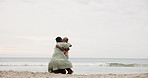 Son, child and mother with hugging on beach for bonding, playing and affection with happiness or sea waves. Black family, mom and kid by ocean with love, care or embrace on holiday, relax or vacation