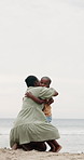 Son, child and mother with hugging on beach for bonding, playing and affection with happiness or sea waves. Black family, mom and kid by ocean with love, care or embrace on holiday, relax or vacation