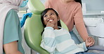 Kid, dentist and appointment for teeth or oral health education for prevention on tooth decay or hygiene. Little girl, mom and together for dentistry checkup or dental examination with orthodontist.