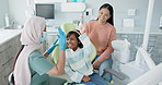 Dentist, child and high five for medical support, success and excited for teeth cleaning service. Family, mother and girl with doctor or orthodontist hands together for dental help and achievement