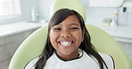 Dental, smile and face of girl at a dentist for teeth whitening, consultation or growth check. Oral care, portrait and happy kid in dentistry office for mouth, gum or consulting specialist for braces