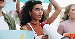 Street, woman and protest with megaphone, group and human rights march for peace, angry and social change. People, shout and outdoor with bullhorn or frustrated with support or justice for war to end