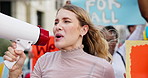 Woman, advocate and megaphone to scream for protest for civil or human rights, empowerment and speech for change or peace. Female person, march and microphone for voice for riot, equality and justice