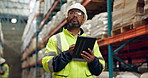 Black man, inventory and inspection with tablet for supply chain, logistics or quality assurance at warehouse. African male person or storage manager with technology for stock, checklist or shipping