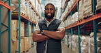 Man, face and warehouse inventory for production of ecommerce supply chain, packaging or distribution. Black person, portrait and import shipment in factory for inspection of storage, cargo or parcel