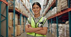 Happy woman, professional and logistics with confidence for supply chain or shipping industry. Portrait of confident female person or employee with smile and arms crossed for storage at warehouse